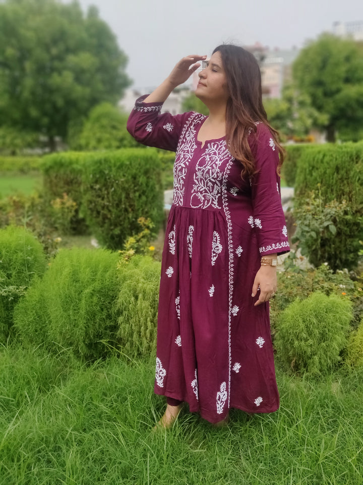 Wine Rayon Chikankari A-Line Kurta Pant Set