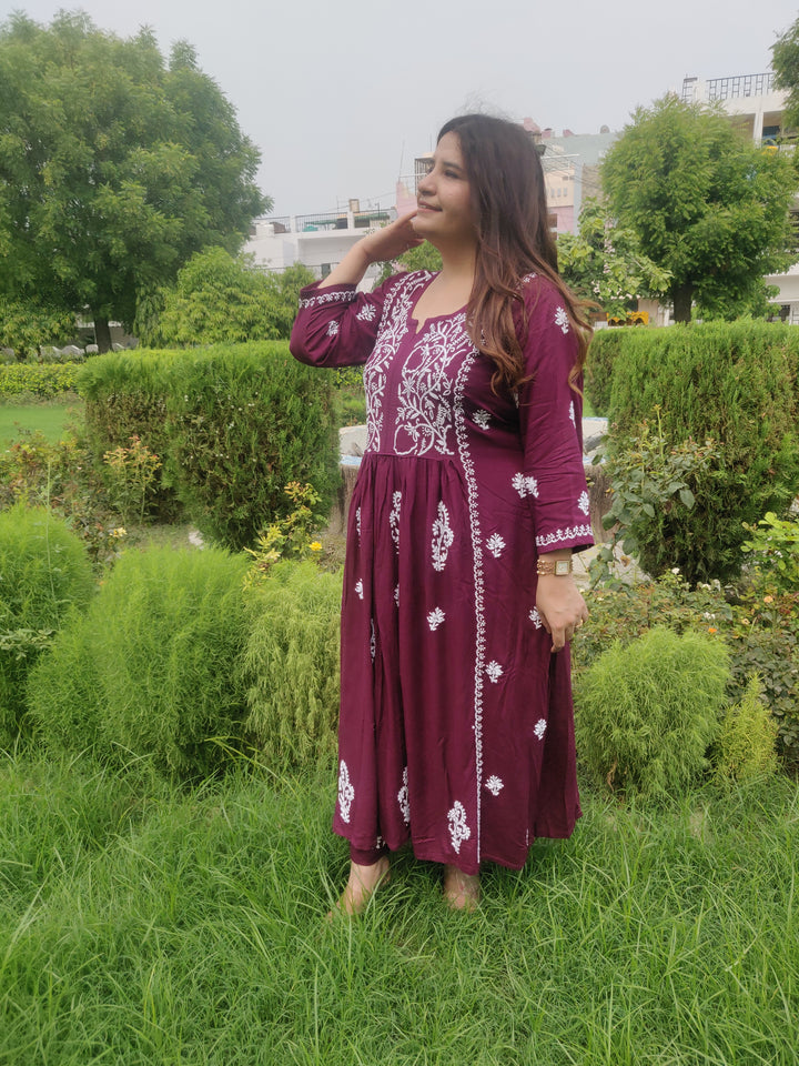 Wine Rayon Chikankari A-Line Kurta Pant Set