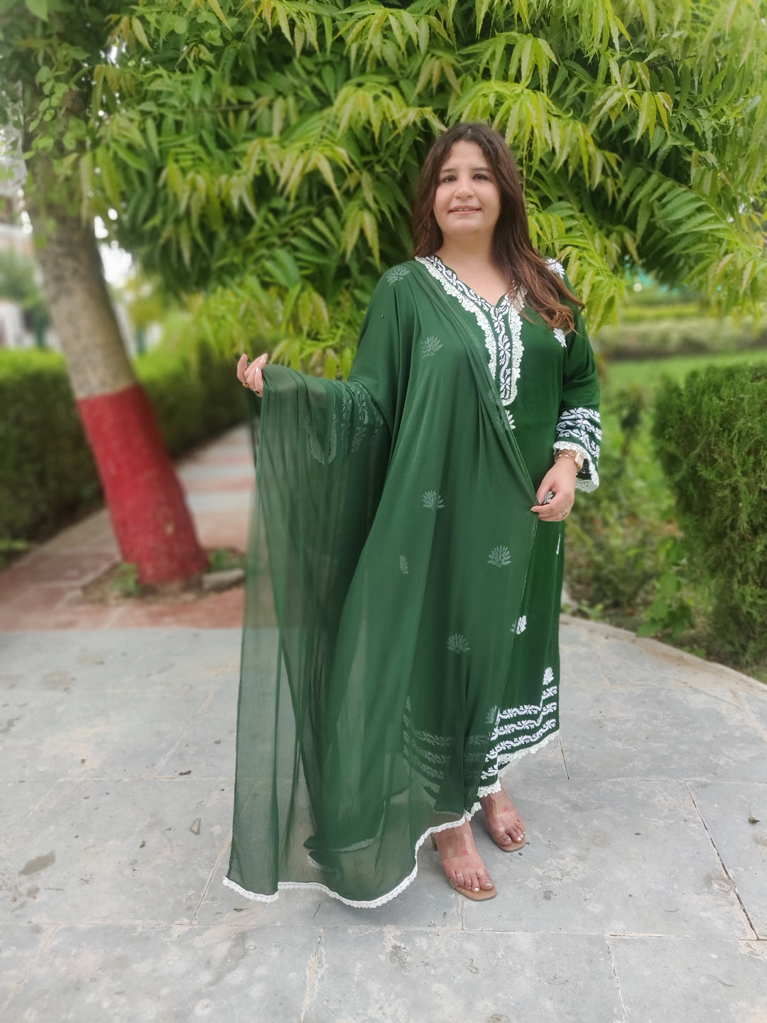 Mehndi Green Rayon Chikankari Kurta With Pant Set -Custom Made