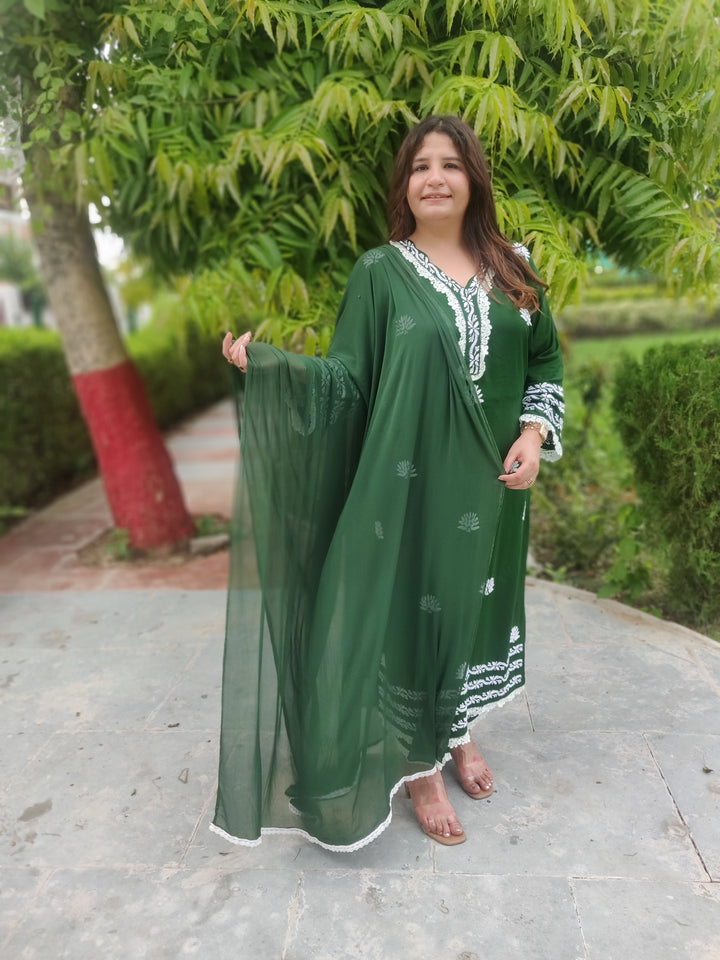 Mehndi Green Rayon Chikankari Kurta With Pant Set -Custom Made