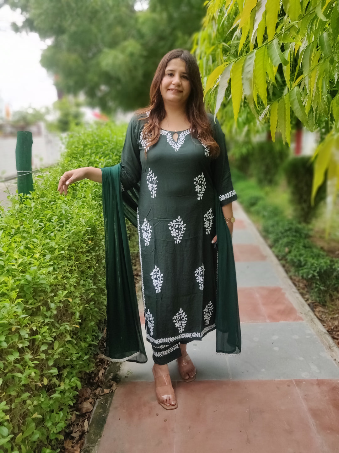Dark Green Rayon Chikankari Kurta Pant Set