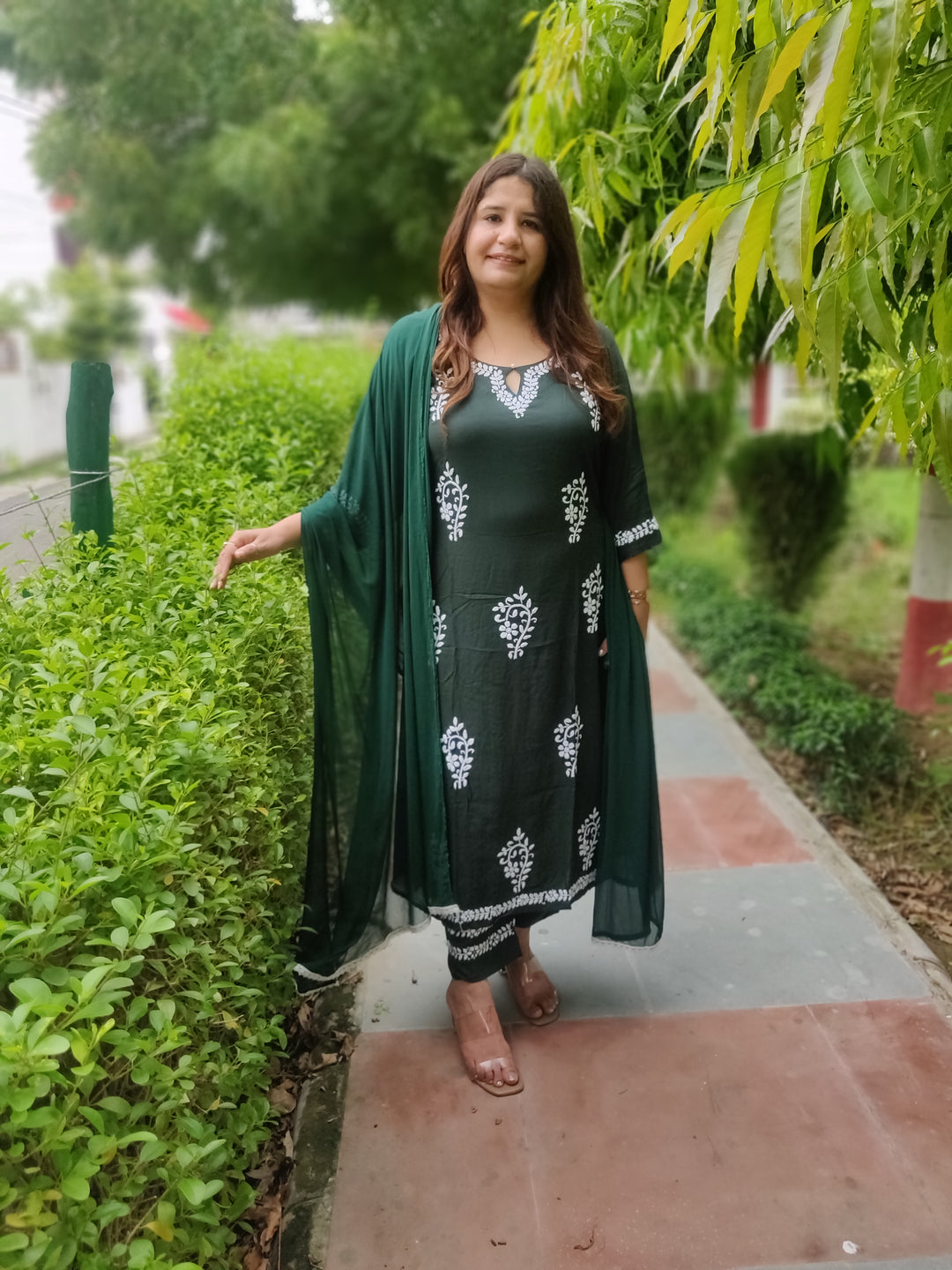 Dark Green Rayon Chikankari Kurta Pant Set