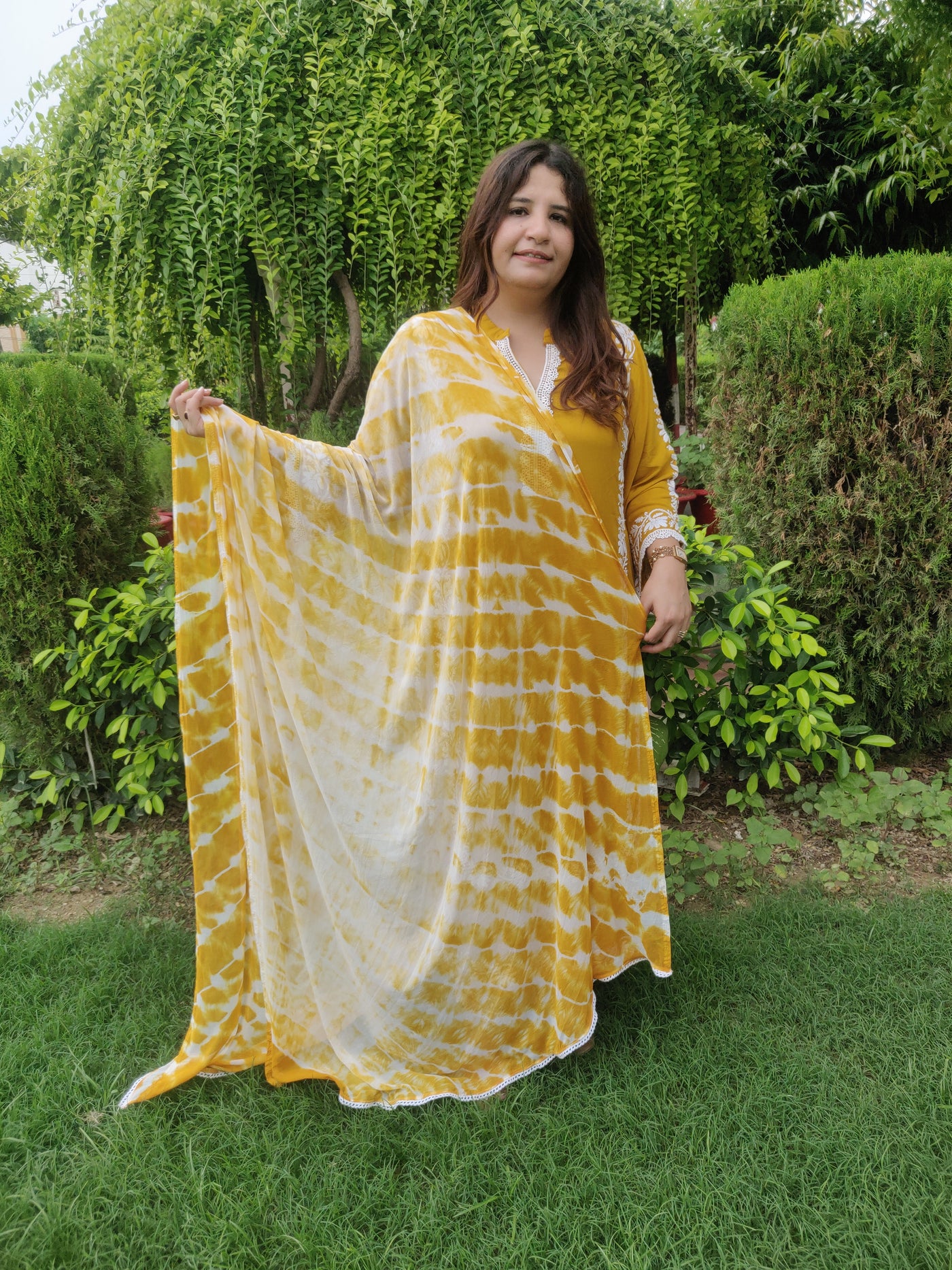 Mustard Reyon Chikankari Kurta Pant Set