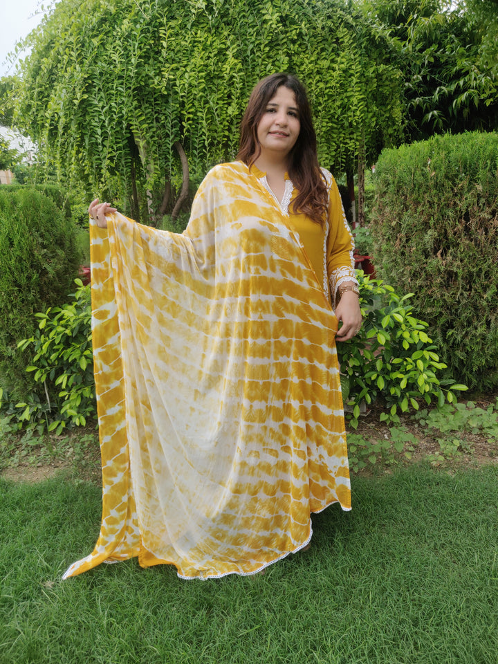 Mustard Rayon Chikankari Kurta with Pant Set - Custom Made