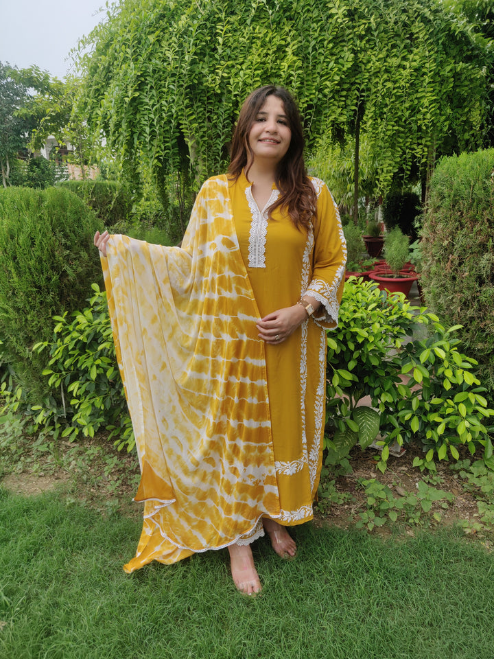 Mustard Reyon Chikankari Kurta Pant Set