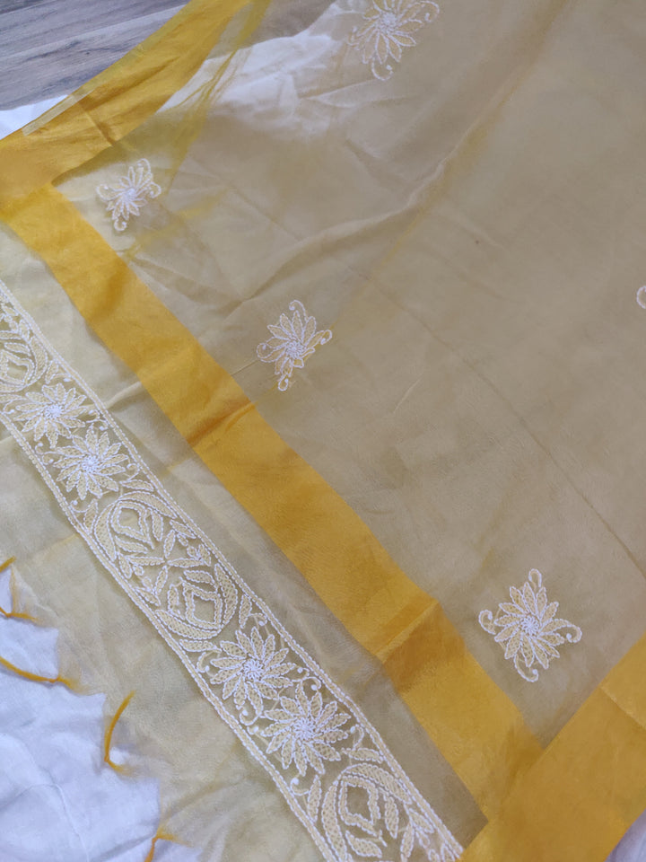 Yellow Chikankari organza Dupatta