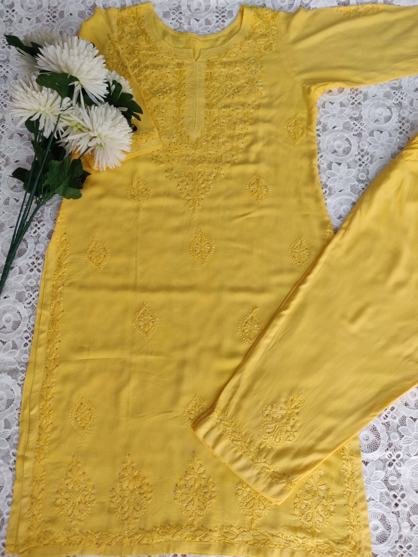 Yellow Rayon Chikankari Set  Custom - Made