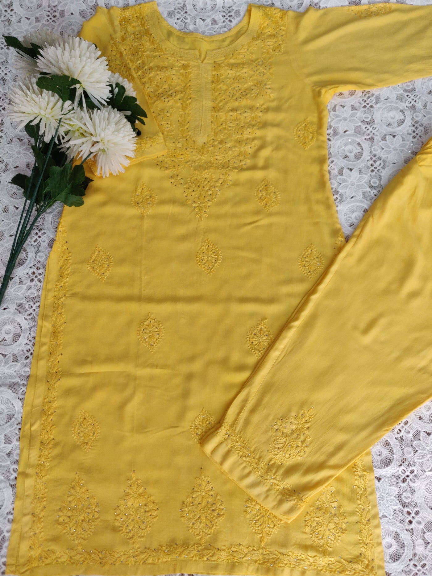 Yellow Rayon Chikankari Set  Custom - Made