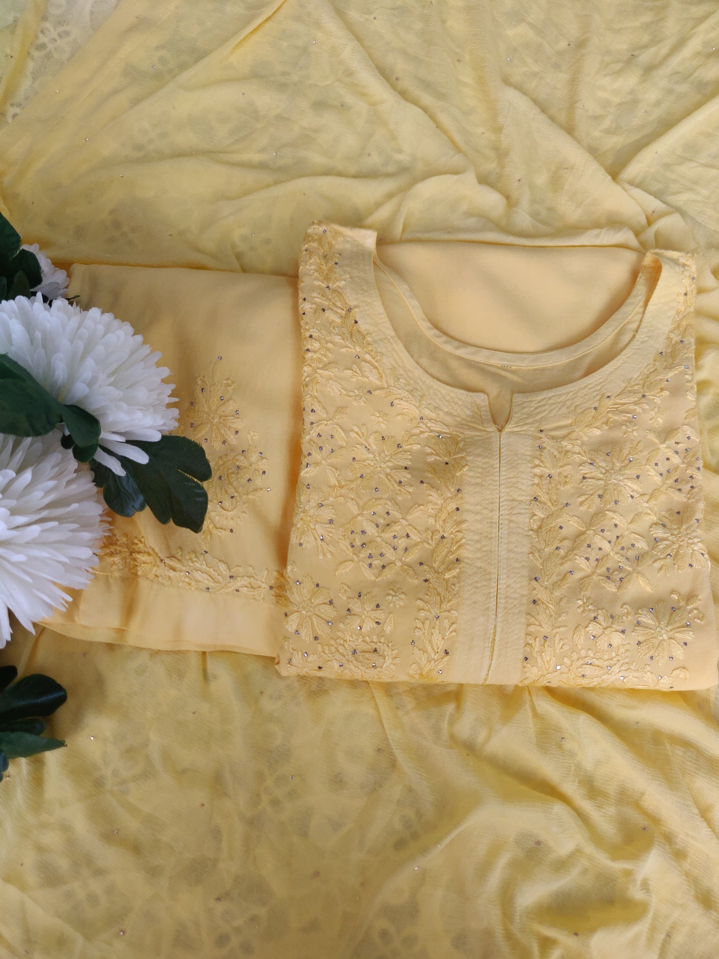 Yellow Rayon Chikankari Set  Custom - Made