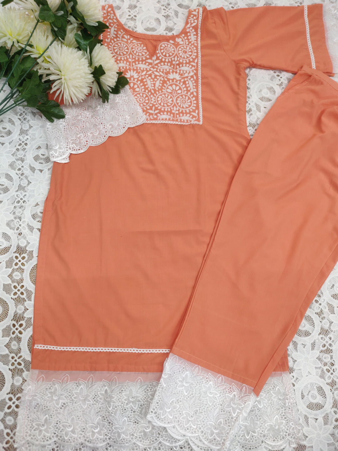 Orange Rayon Chikankari Set