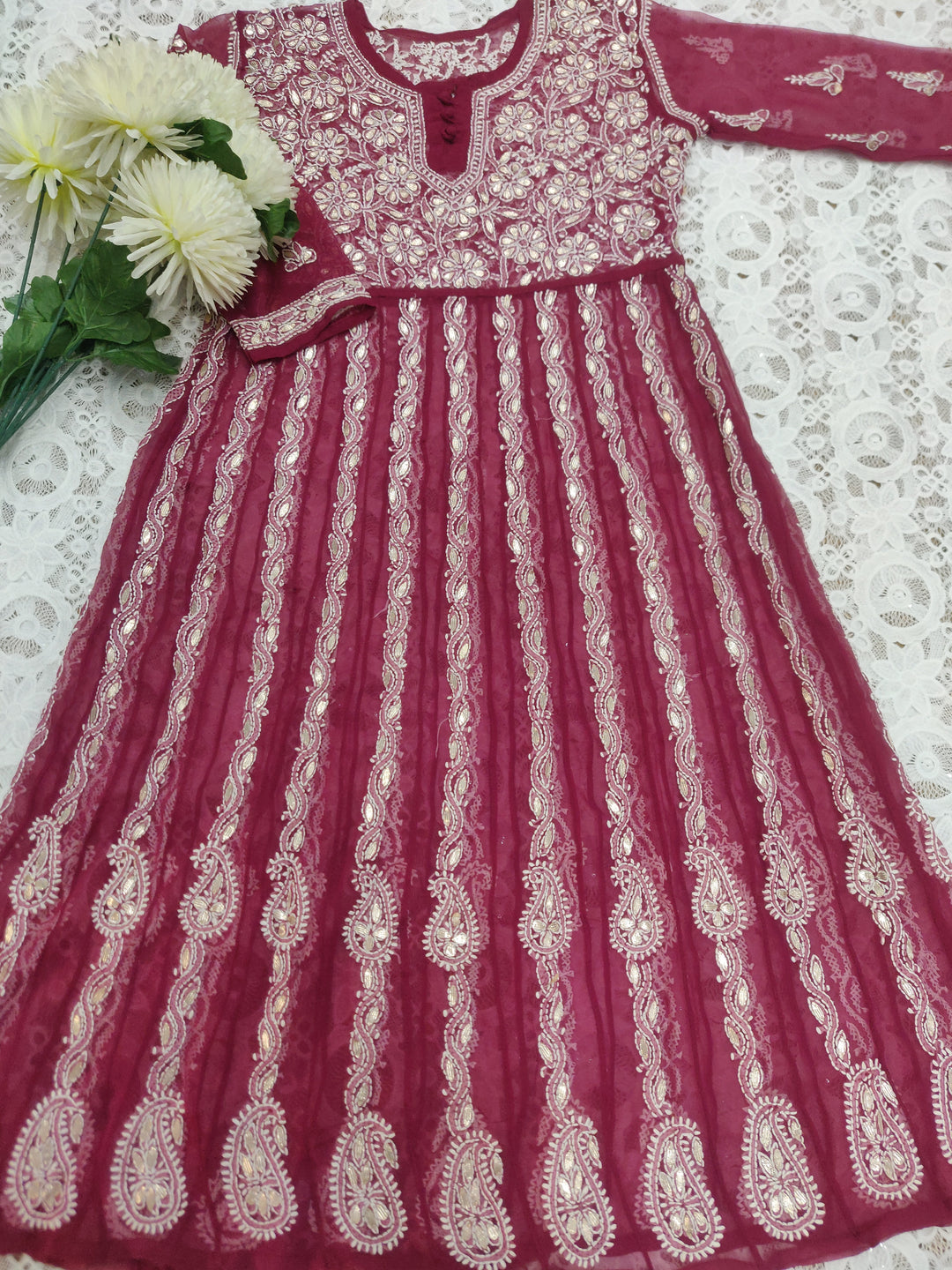 Wine Georgette Chikankari Anarkali kurta
