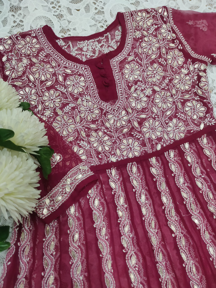 Wine Georgette Chikankari Anarkali kurta