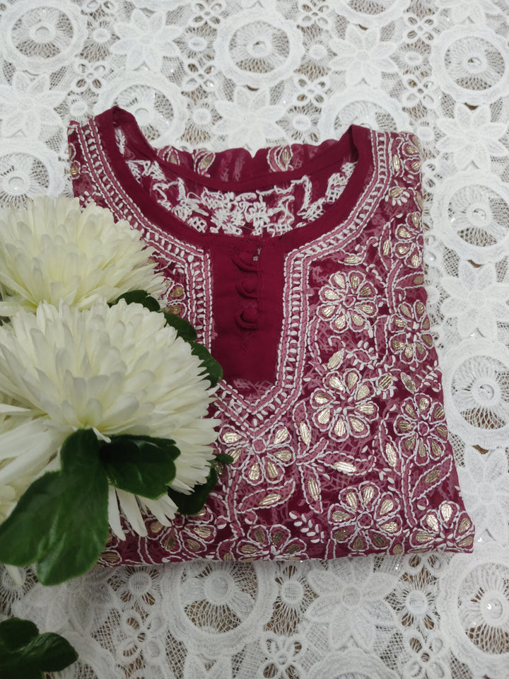 Wine Georgette Chikankari Anarkali kurta