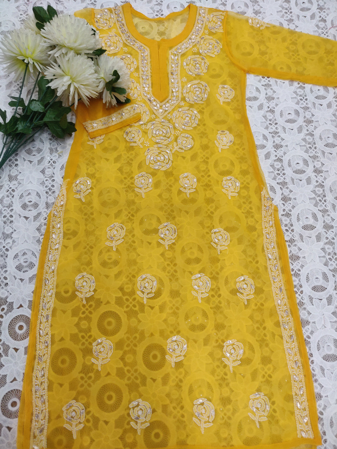 Yellow Georgette Chikankari kurta