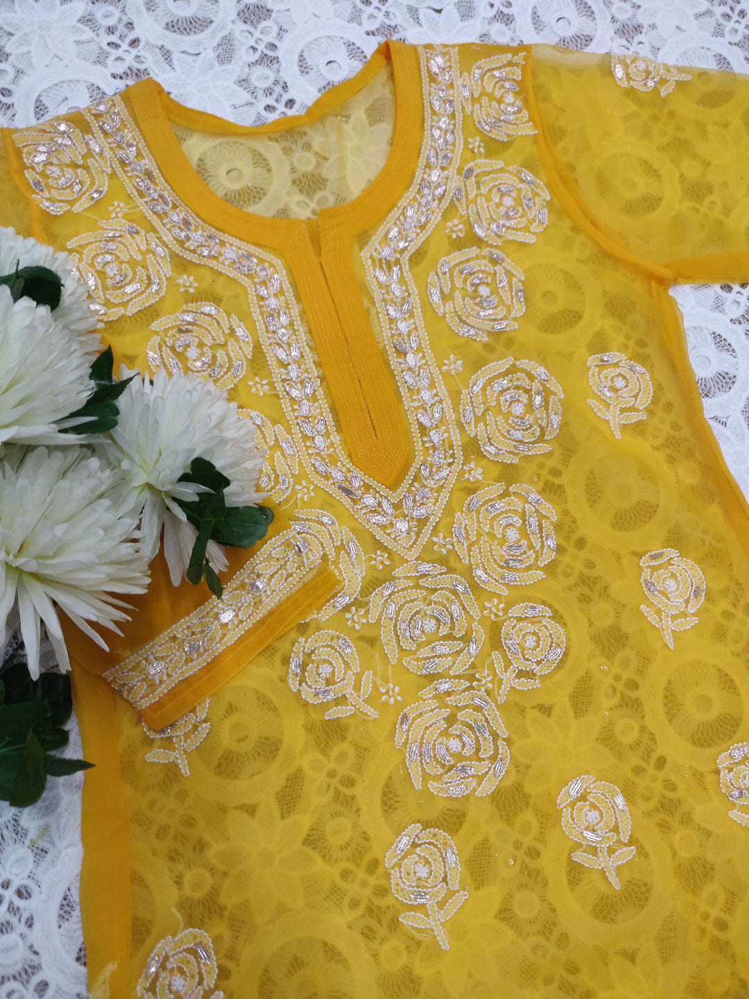 Yellow Georgette Chikankari kurta