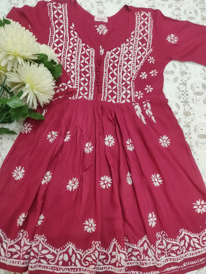 Maroon A - Line Modal Chikankari Short kurta