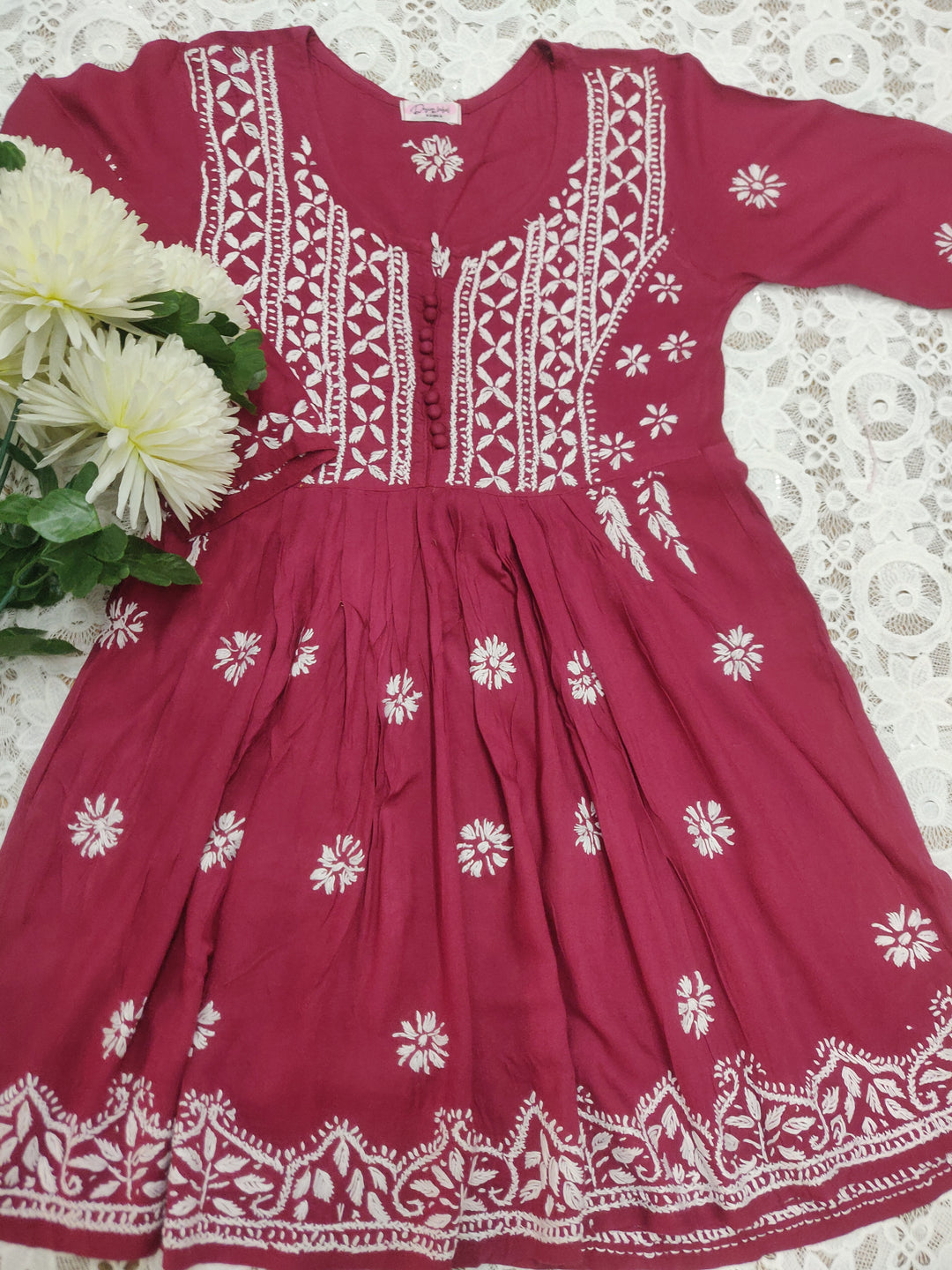 Maroon A - Line Modal Chikankari Short kurta