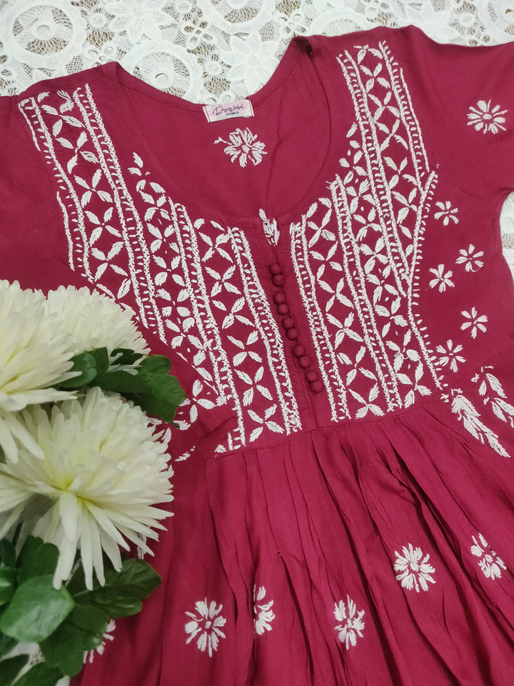 Maroon A - Line Modal Chikankari Short kurta