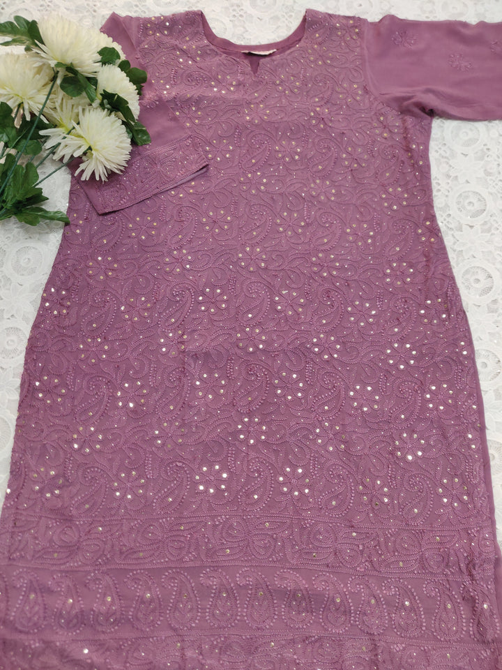 Wine Pure Georgette Chikankari kurta Dupatta