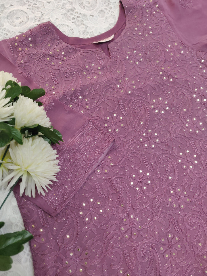 Wine Pure Georgette Chikankari kurta Dupatta
