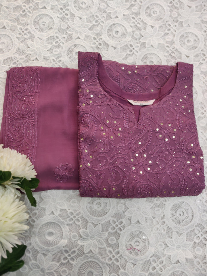Wine Pure Georgette Chikankari kurta Dupatta