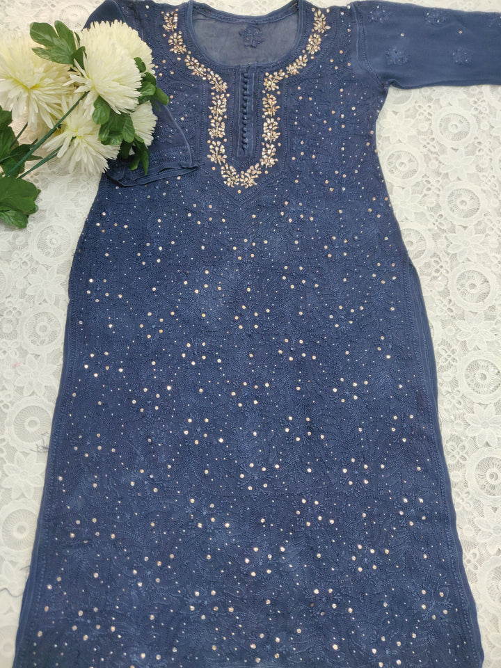 Navy Blue Pure Georgette Chikankari kurta