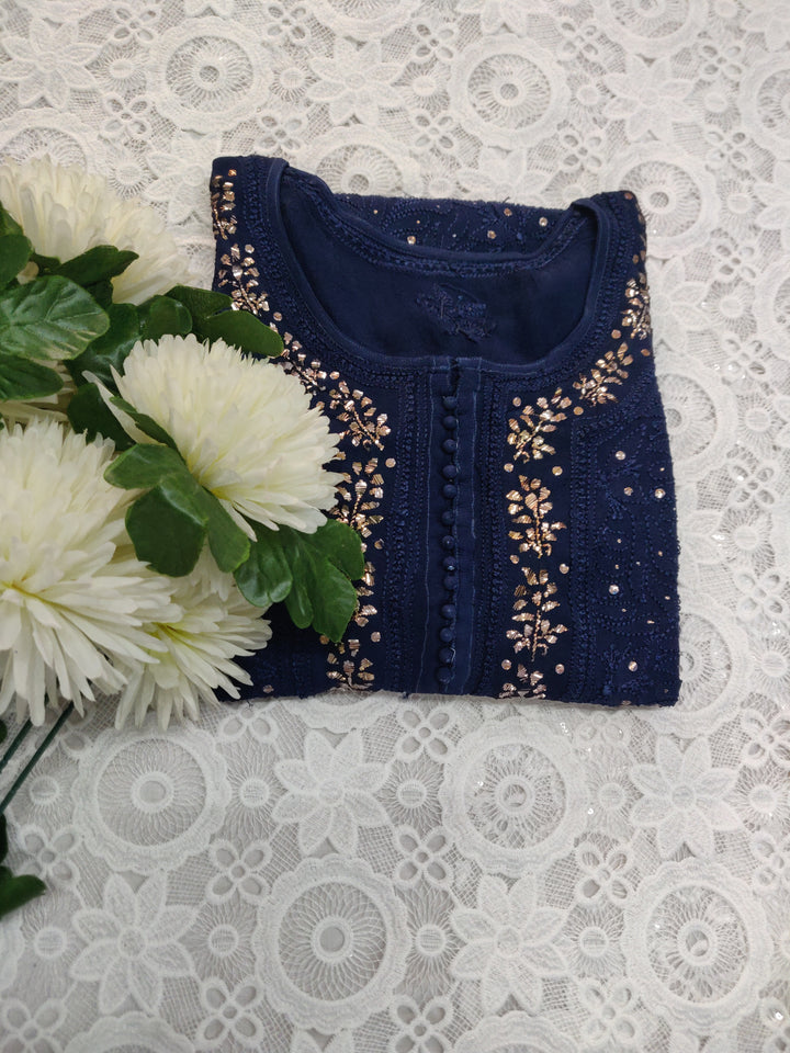 Navy Blue Pure Georgette Chikankari kurta