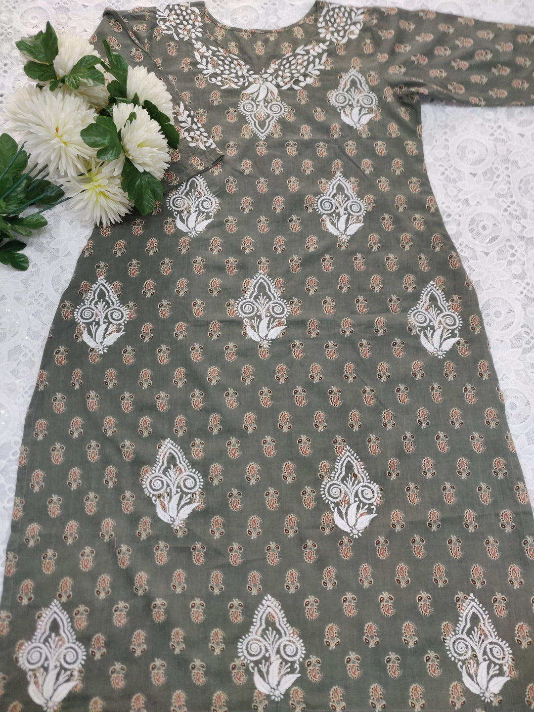 Grey Printed Cotton Chikankari kurta