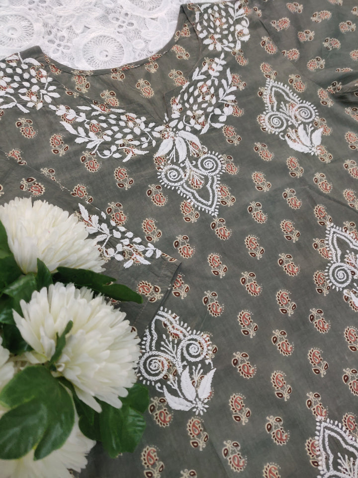 Grey Printed Cotton Chikankari kurta