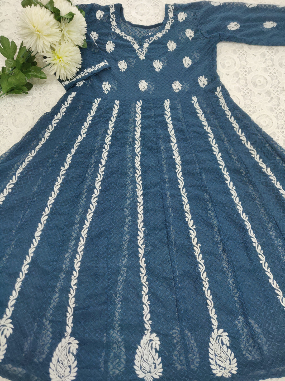 Peacock Blue Georgette Chikankari Anarkali kurta