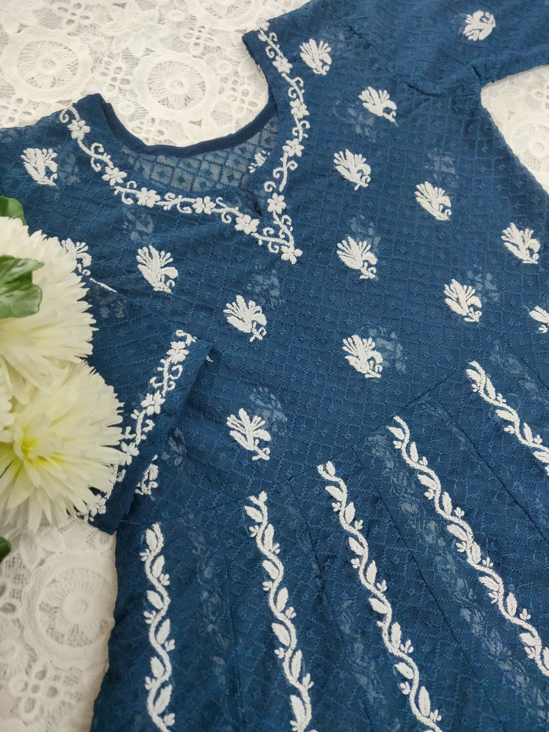 Peacock Blue Georgette Chikankari Anarkali kurta