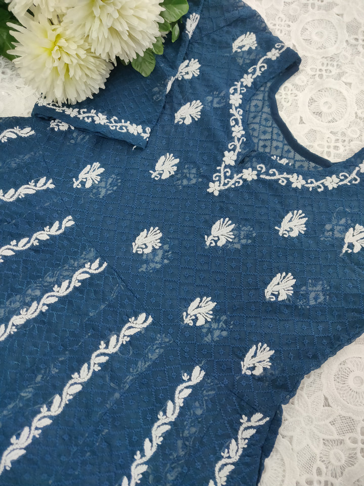 Peacock Blue Georgette Chikankari Anarkali kurta