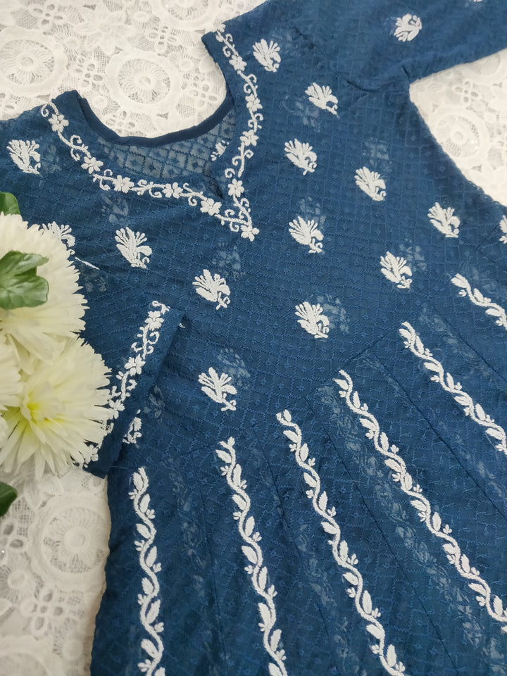 Peacock Blue Georgette Chikankari Anarkali kurta