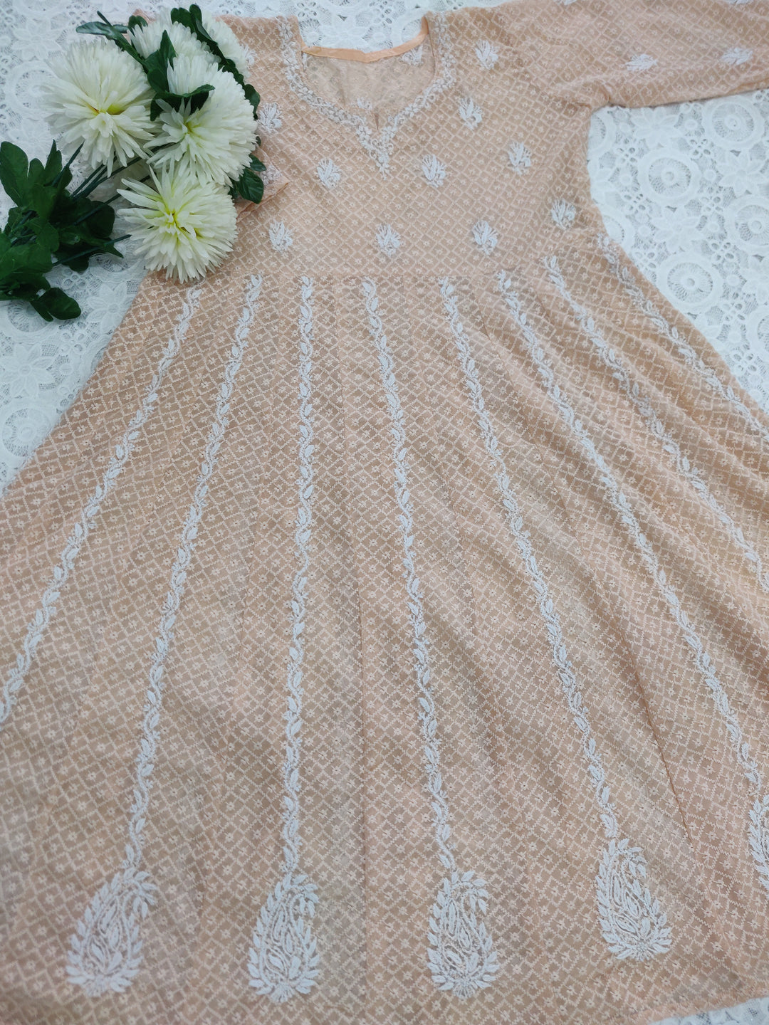 Peach Georgette Chikankari Anarkali kurta
