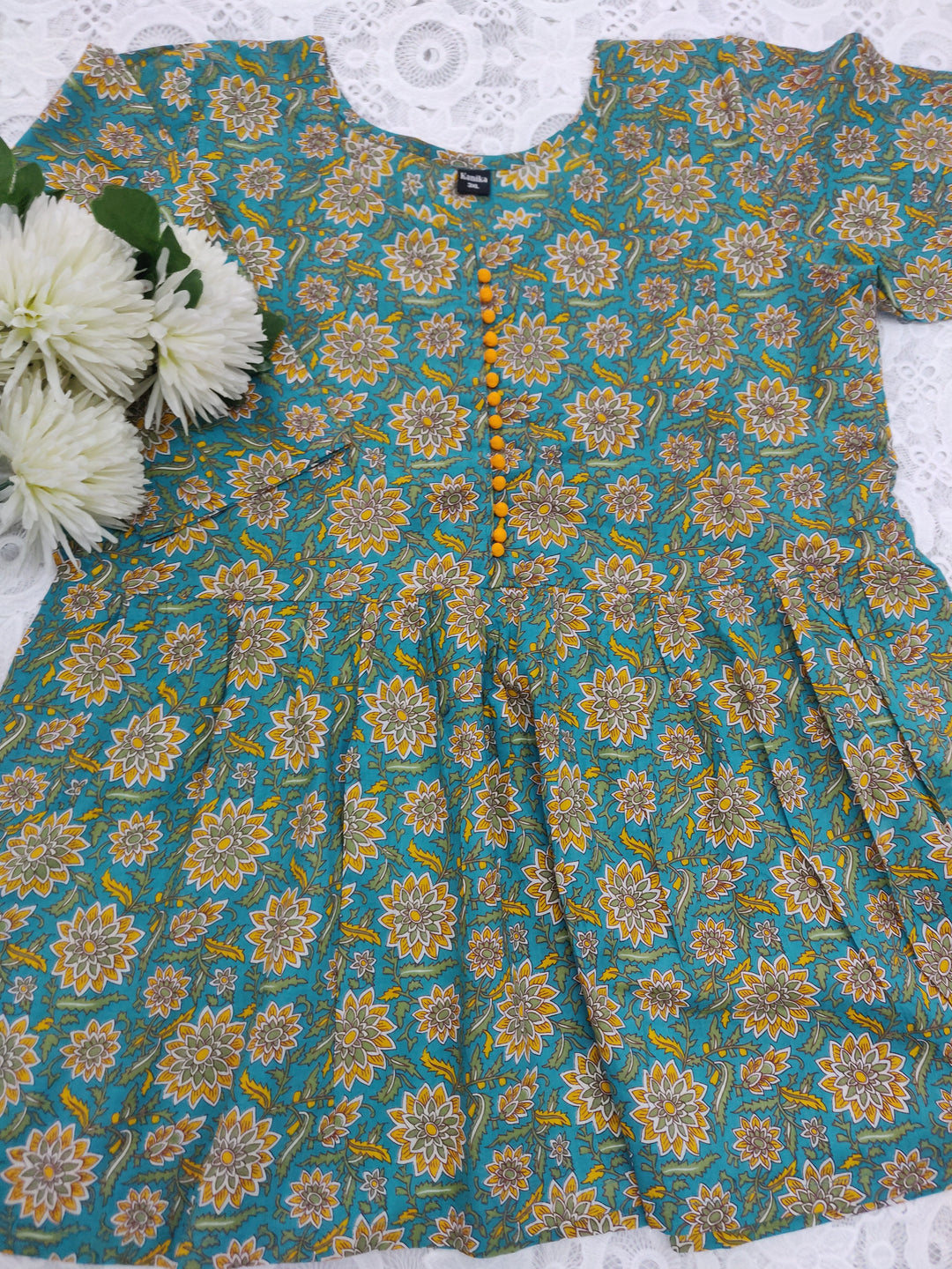 Sea Green Printed Cotton Short kurta