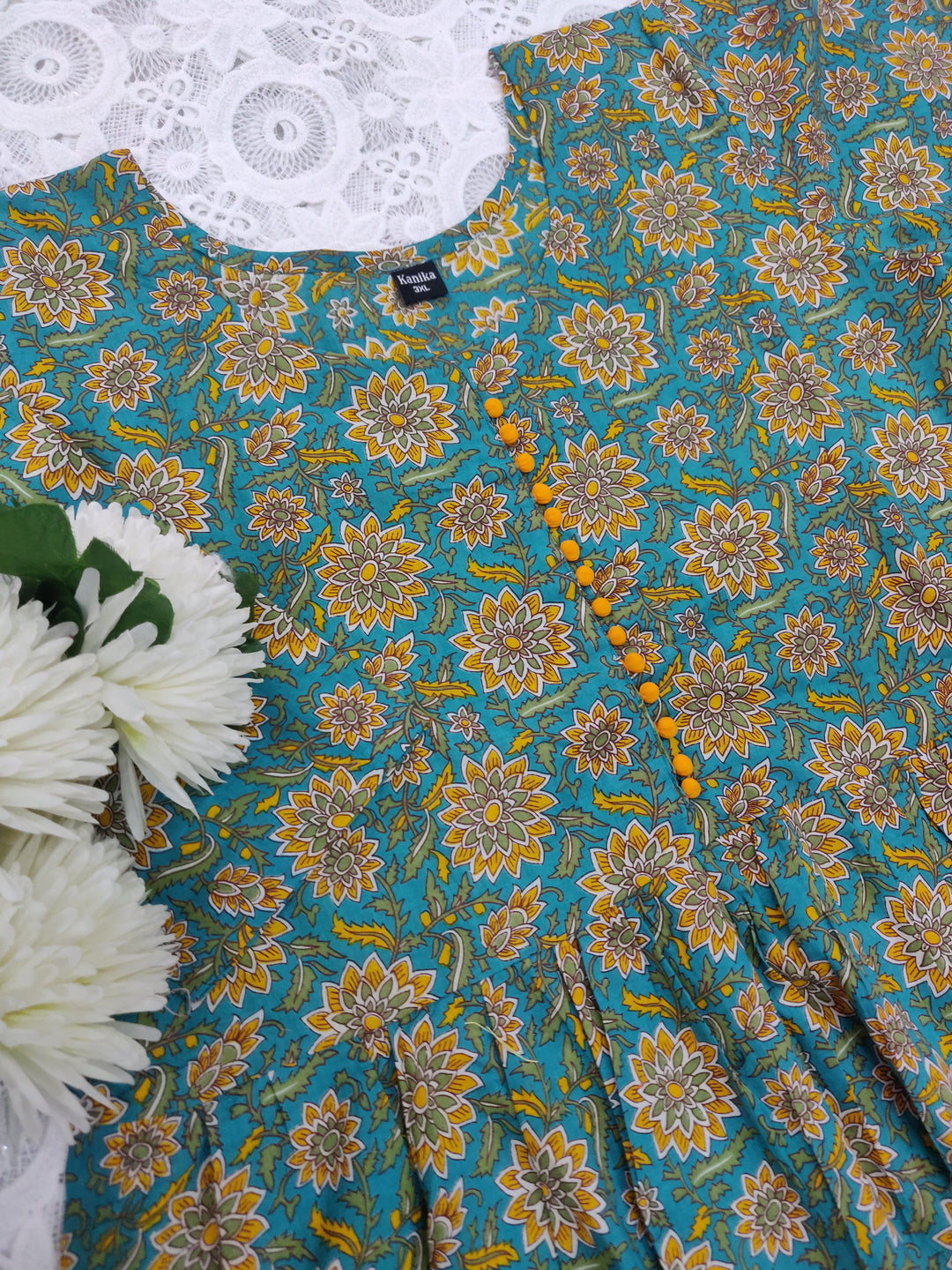 Sea Green Printed Cotton Short kurta