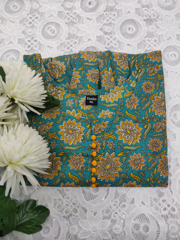 Sea Green Printed Cotton Short kurta