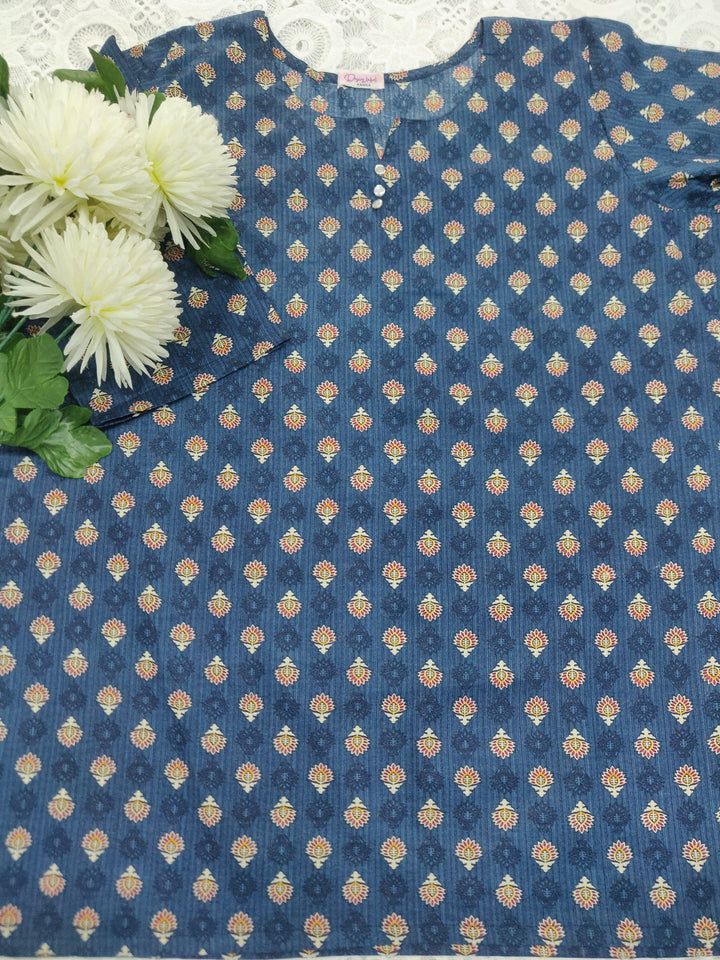 Peacock Blue Printed Cotton Short Kurta