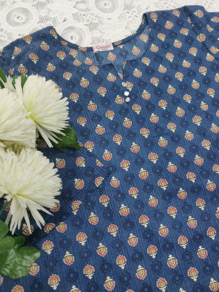 Peacock Blue Printed Cotton Short Kurta