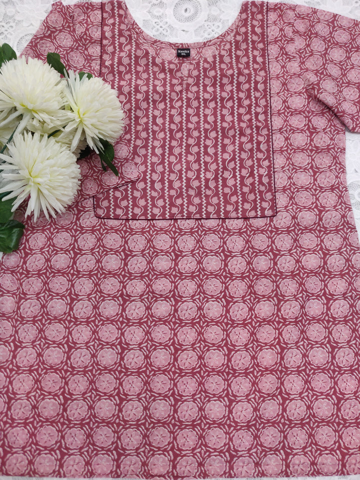 Peach Printed Cotton Short kurta