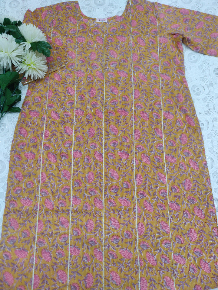 Mustard Printed Cotton kurta