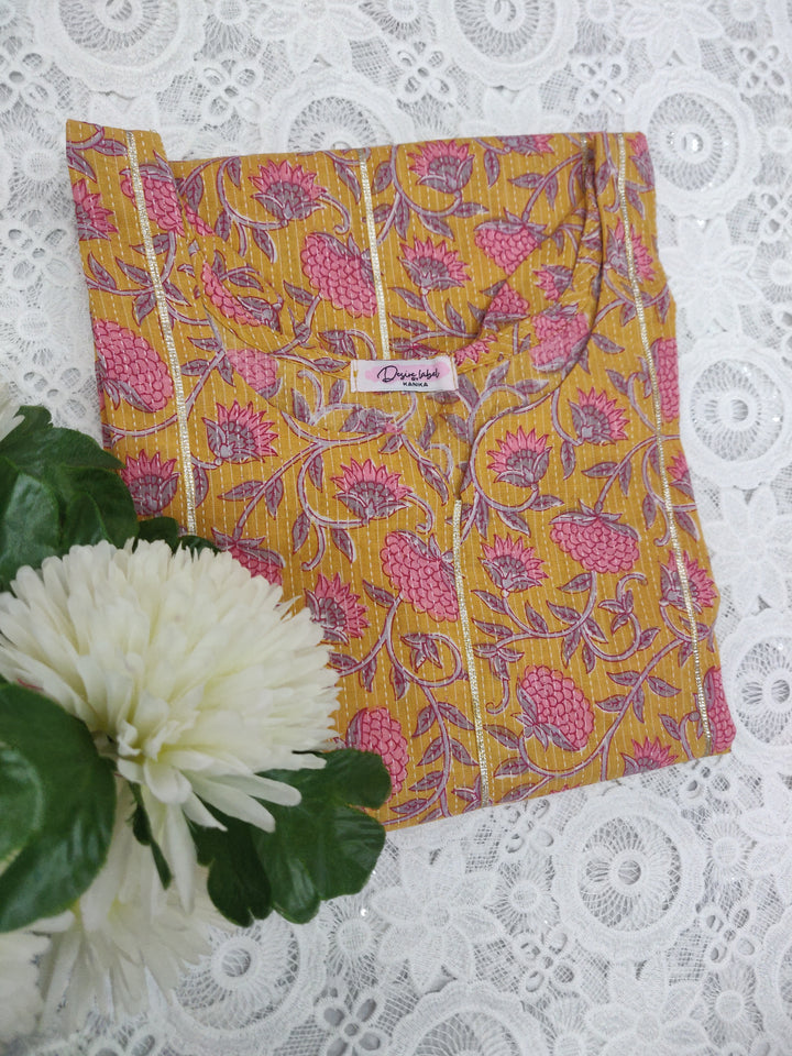 Mustard Printed Cotton kurta