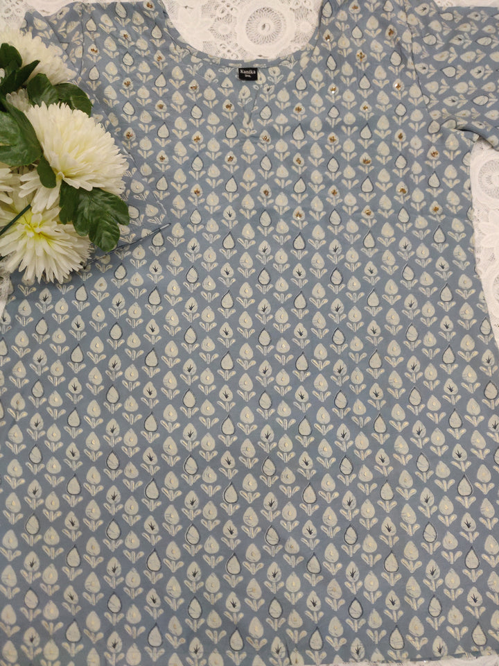 Grey Printed Cotton Short Kurta