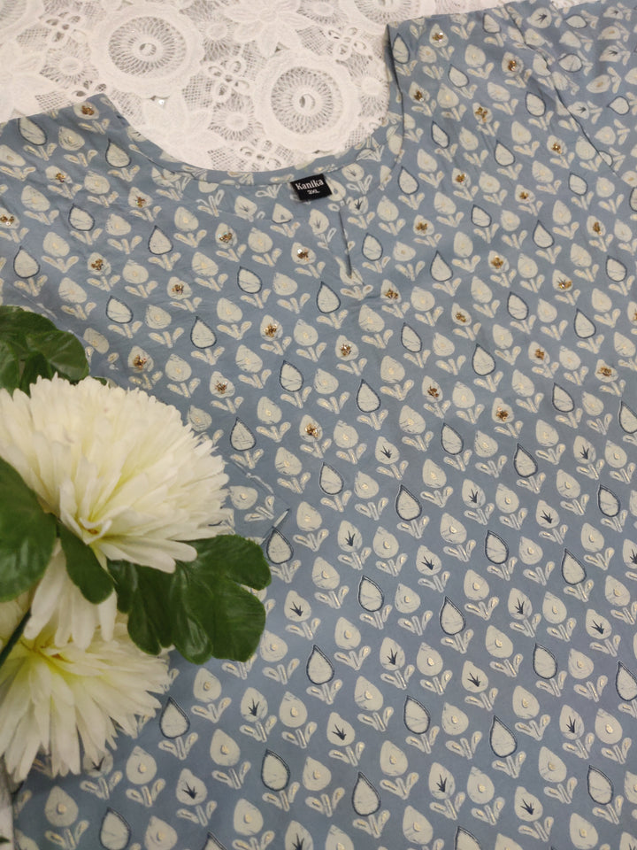 Grey Printed Cotton Short Kurta