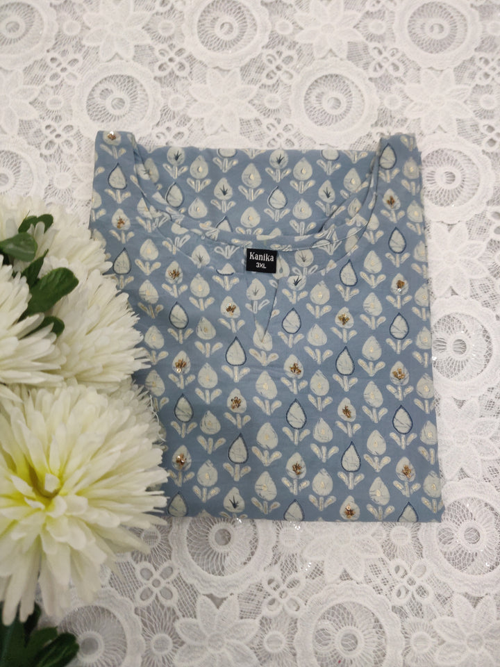 Grey Printed Cotton Short Kurta
