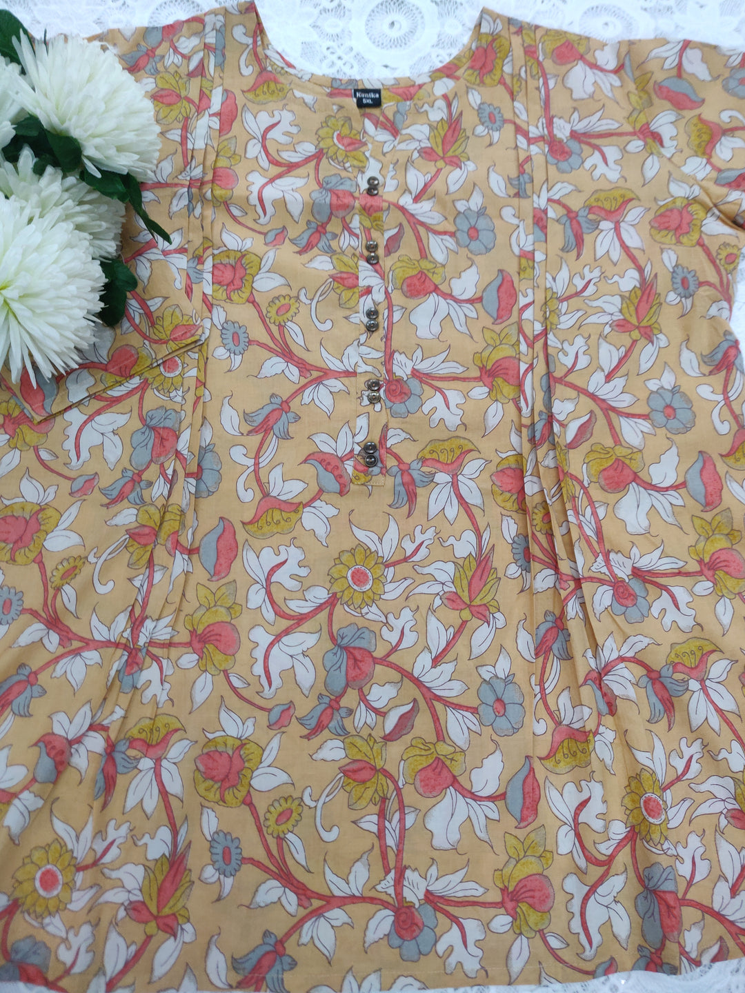 Mustard Printed Cotton Short kurta