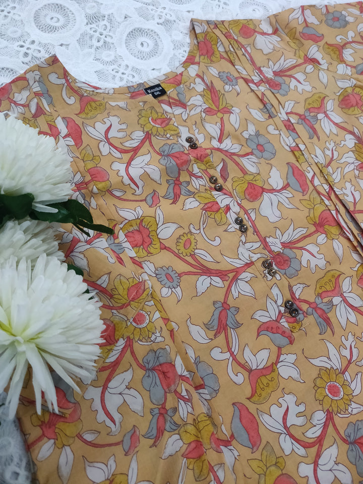 Mustard Printed Cotton Short kurta