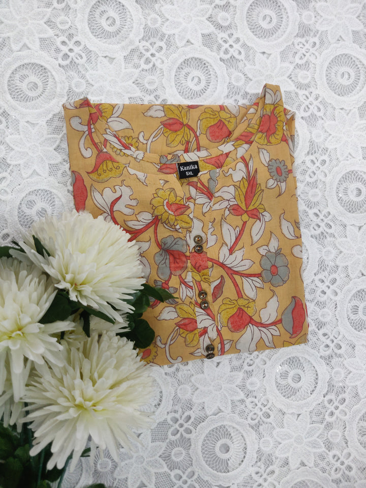 Mustard Printed Cotton Short kurta