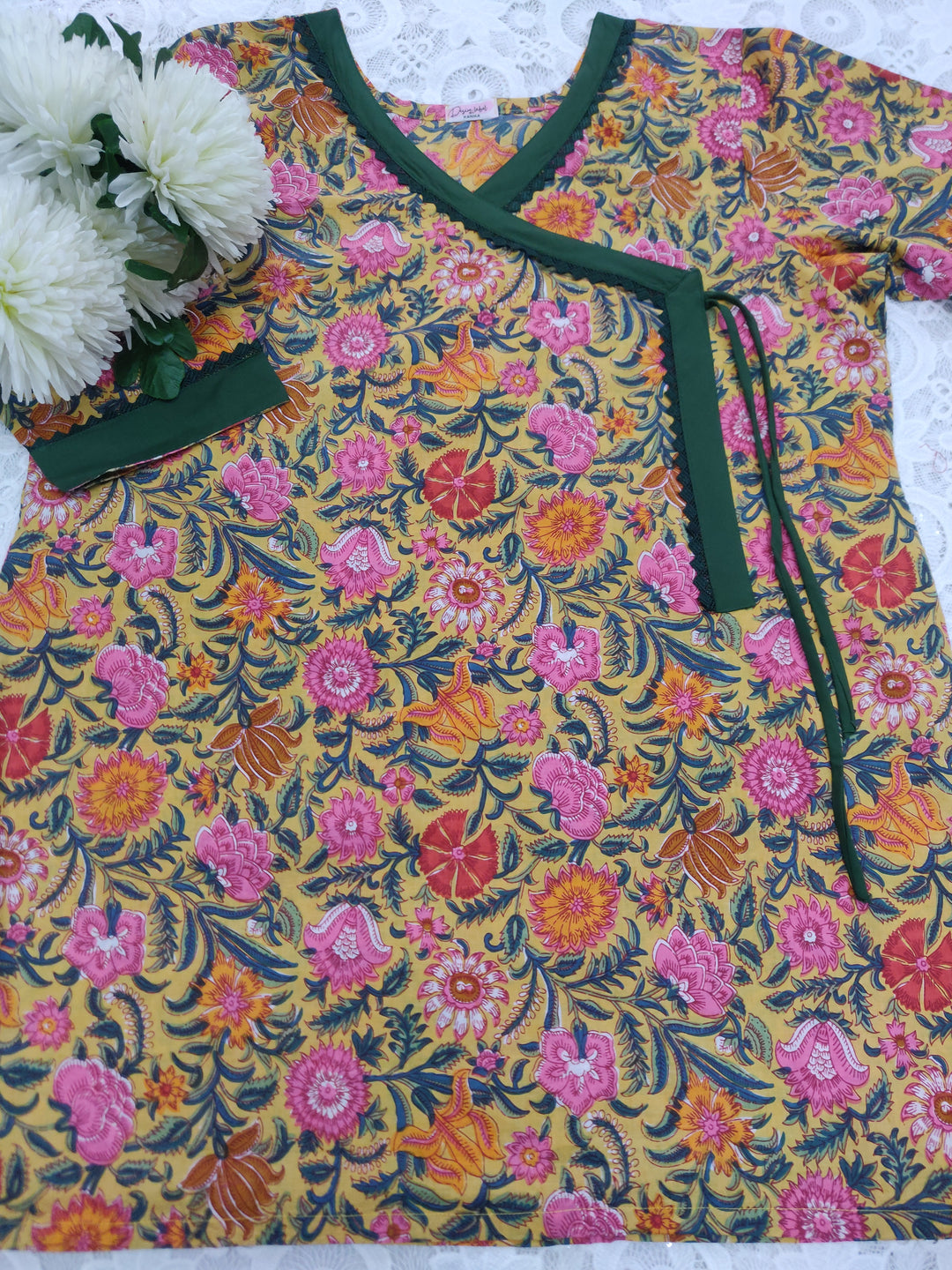 Yellow Printed Cotton Short kurta