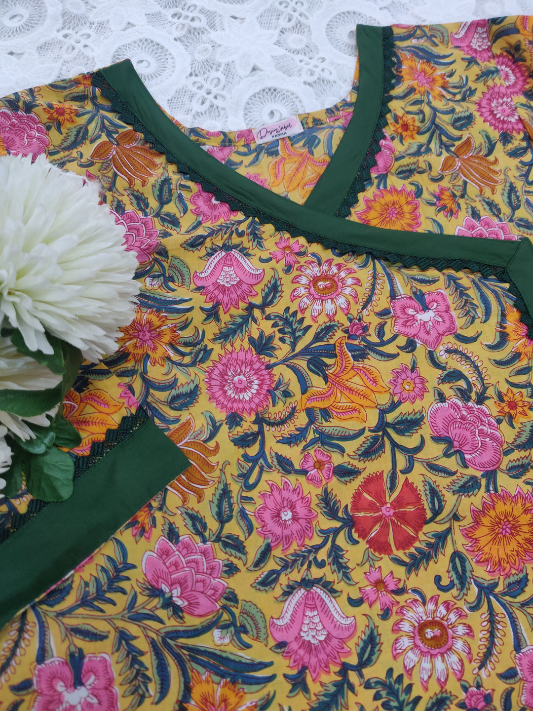 Yellow Printed Cotton Short kurta